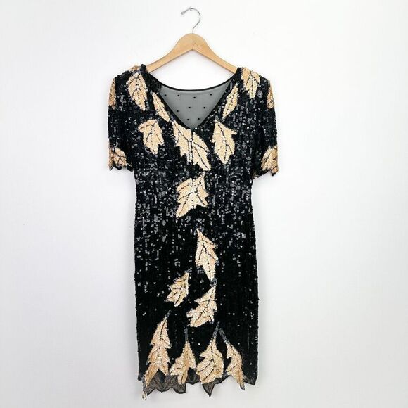 Lillie Rubin Women’s Black Cream All Over Sequin Leaf Illusion Neck Mini Dress - Picture 3 of 16